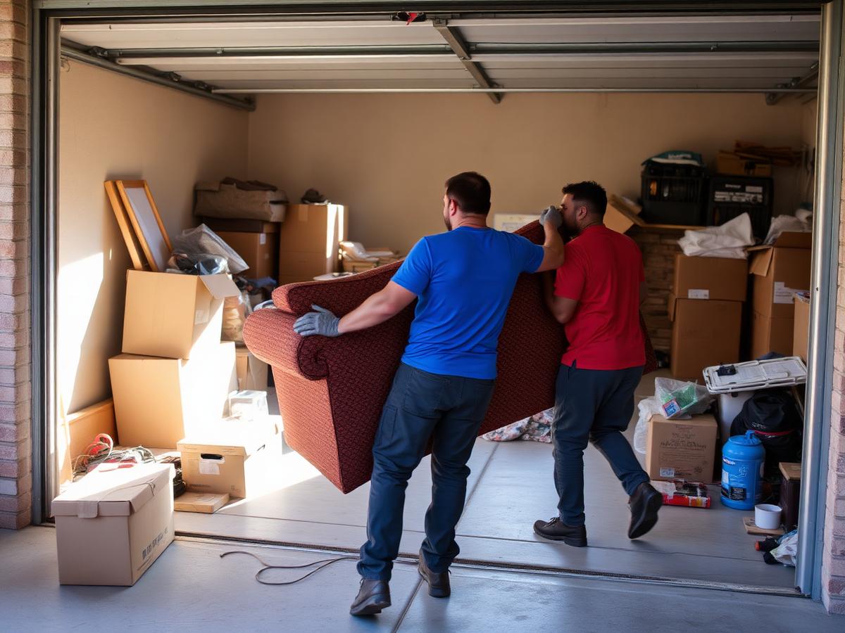 Crew carrying a couch during a garage cleanout
